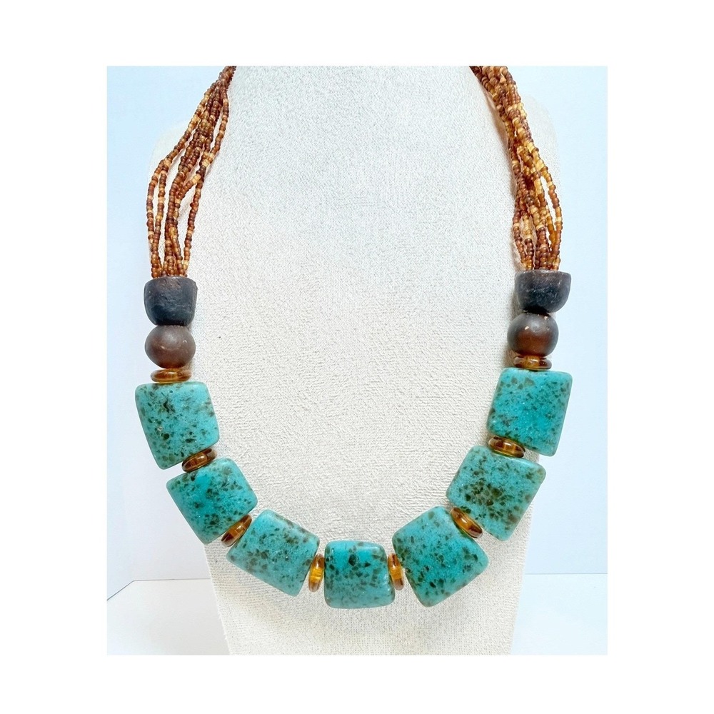 Turquoise Speckled Glass Statement Necklace Wood Beads Boho 24 Inch